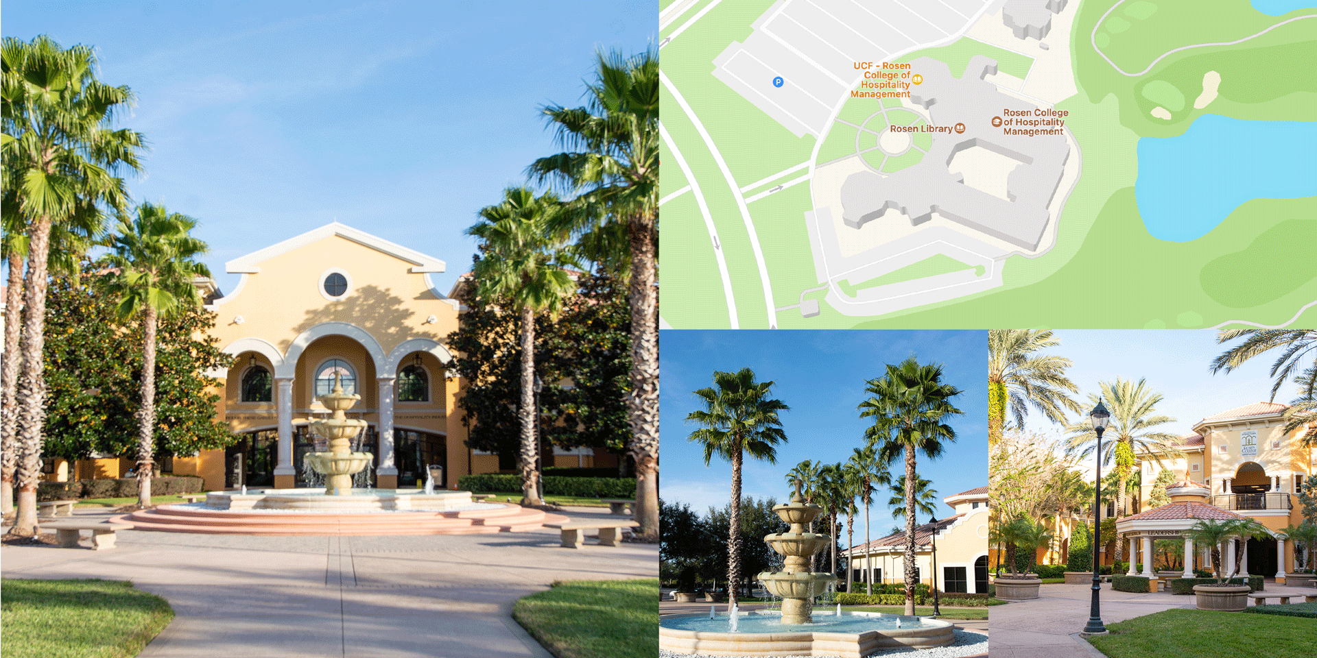 Collage Image of Rosen college with different photos of the college and a Map satellite view of the campus
