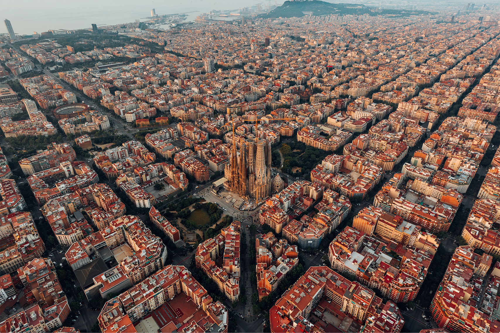 Barcelona Sky high view of Barcelona and their grid style city