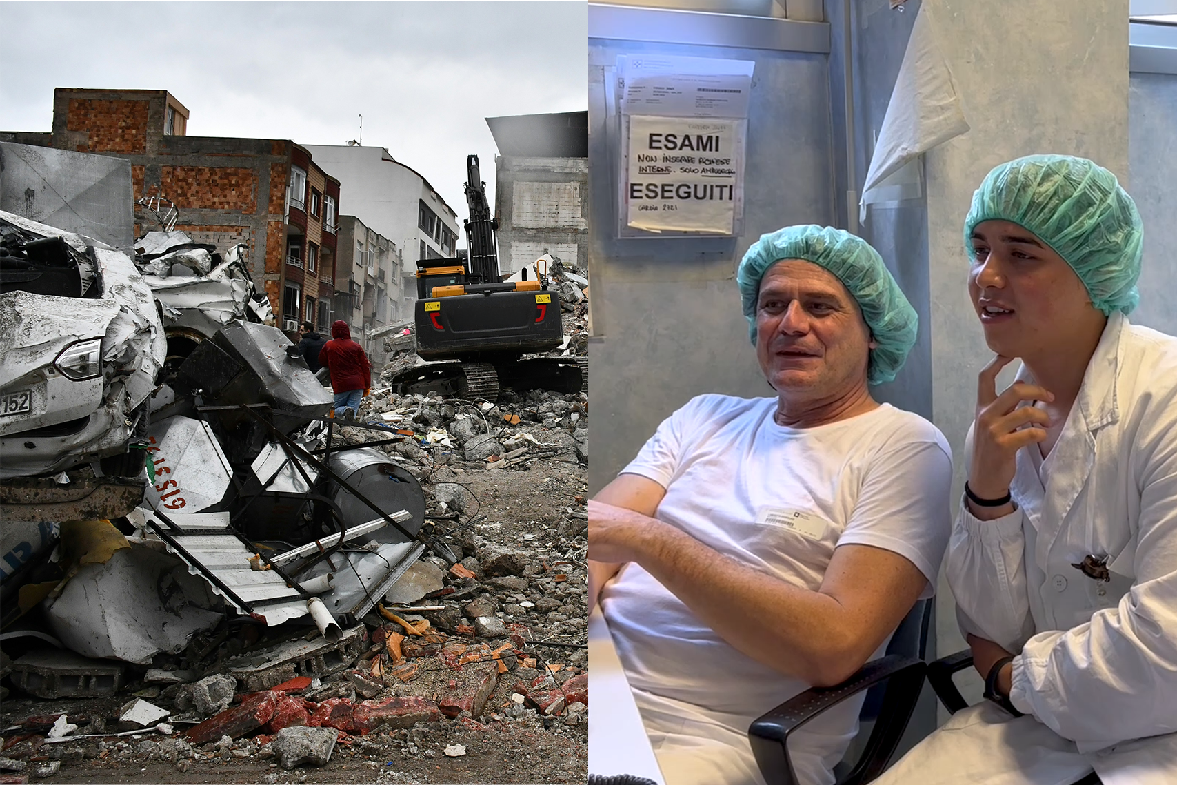 International Collaborations & Study_Shadow Abroad Programs Split image left side has wreckage and rubble from an earthquake in Turkey. Right side has researches looking at data.