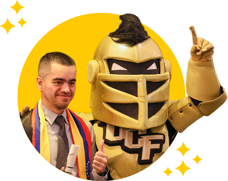 Knightri and graduating student posing for image