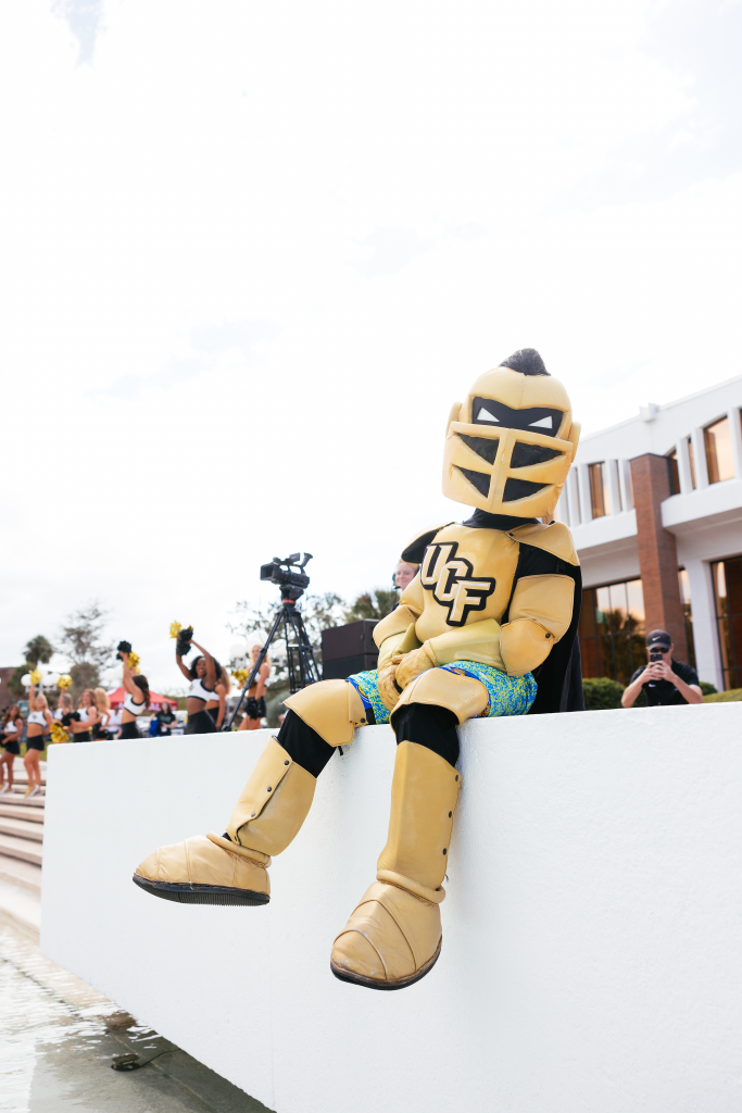 Knightro Sitting on a wall at Spirit Splash