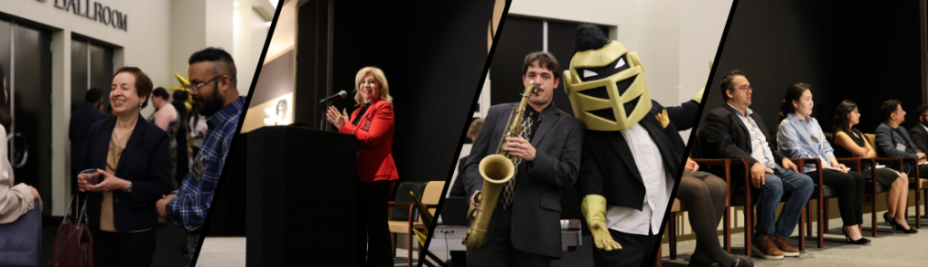 Images from a formal event: attendees conversing near a ballroom entrance, a speaker at a podium, a musician playing the saxophone, and a mascot in a knight costume posing with guests. A row of seated individuals appears on stage in the background.