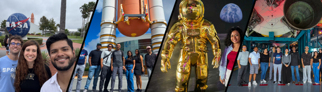 Images from a visit to NASA’s Kennedy Space Center: people posing in front of the NASA logo globe, standing near a large rocket display, a golden astronaut statue, and a group photo inside a space exhibit featuring a massive rocket engine.